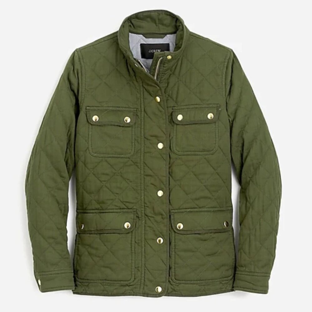 J Crew Field Jacket Womens Small Green Quilted Downtown Zip/Snap Cotton Ladies - Picture 1 of 4